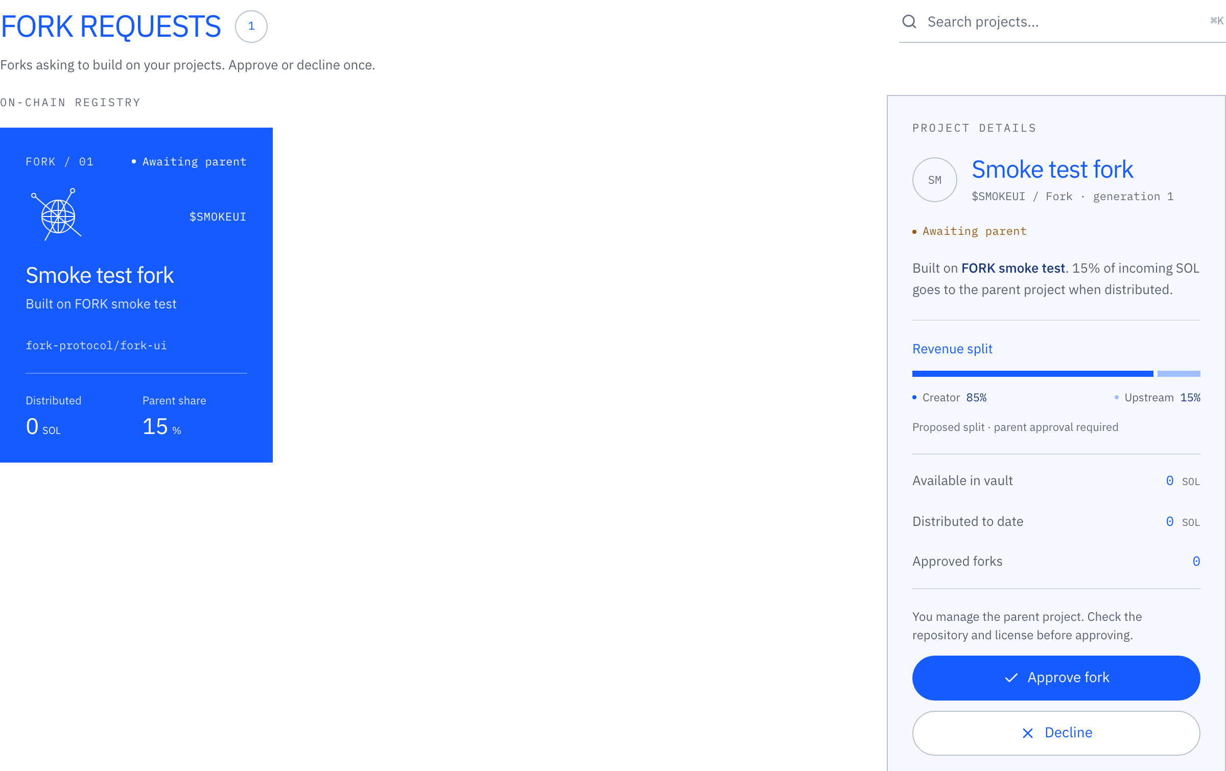 The Fork requests page listing one pending fork, with its details and the Approve fork and Decline buttons.