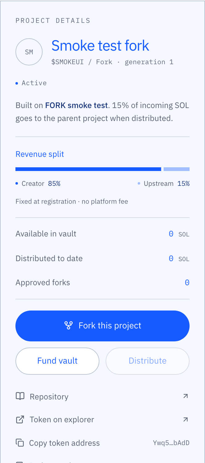 The fork after approval: status Active, split fixed at registration, funding and distribution available.