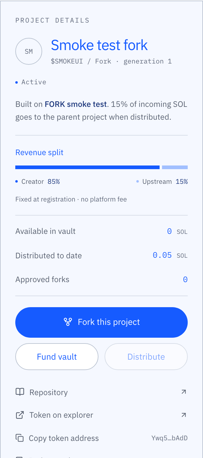Details of the fork after distribution: 0 SOL available, 0.05 SOL distributed to date.