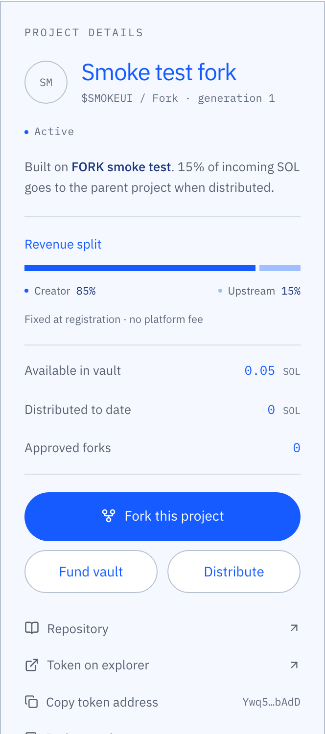 Details of the fork after funding: 0.05 SOL available in the vault and the Distribute button enabled.