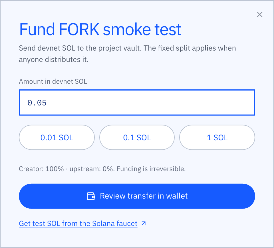 The Fund dialog with an amount field, preset buttons for 0.01, 0.1 and 1 SOL, the recorded split and a Review transfer in wallet button.