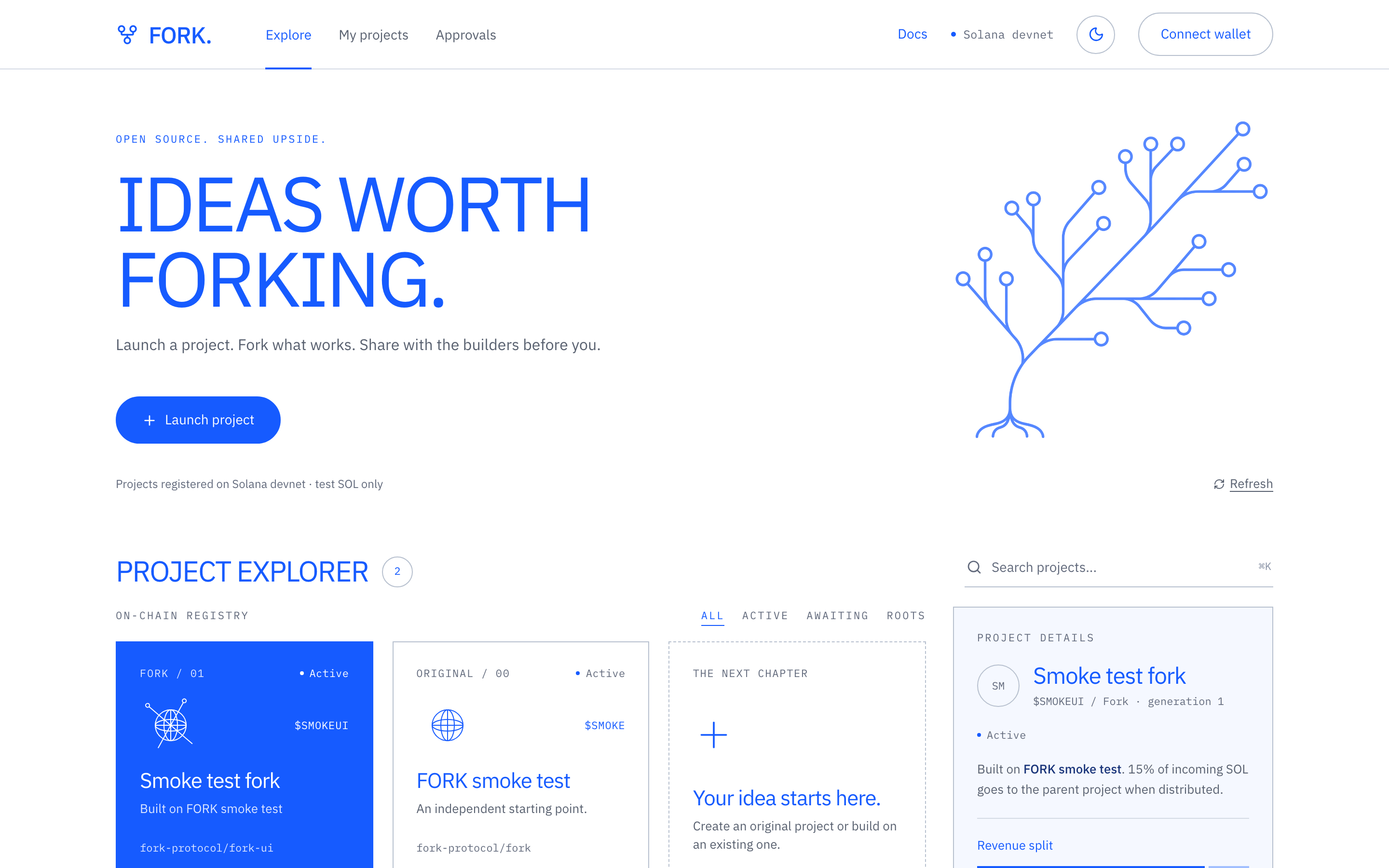 The FORK home page: a navigation bar, the headline “Ideas worth forking”, a Launch project button and the start of the project explorer.