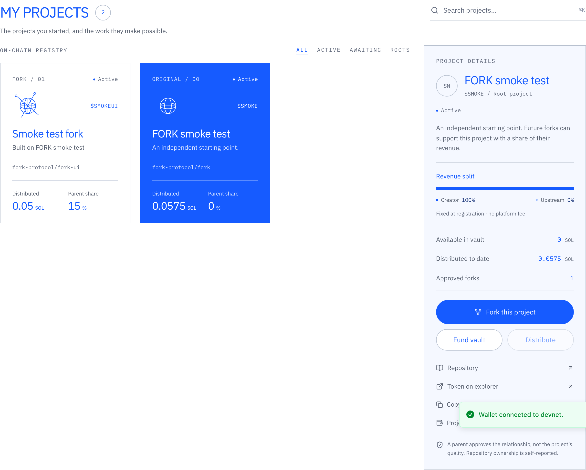 The My projects page listing the projects created by the connected wallet.