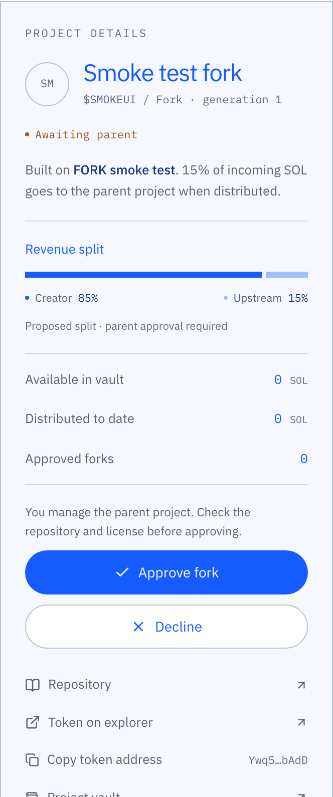 Details of a fork awaiting its parent, with Approve fork and Decline buttons shown to the parent’s creator.