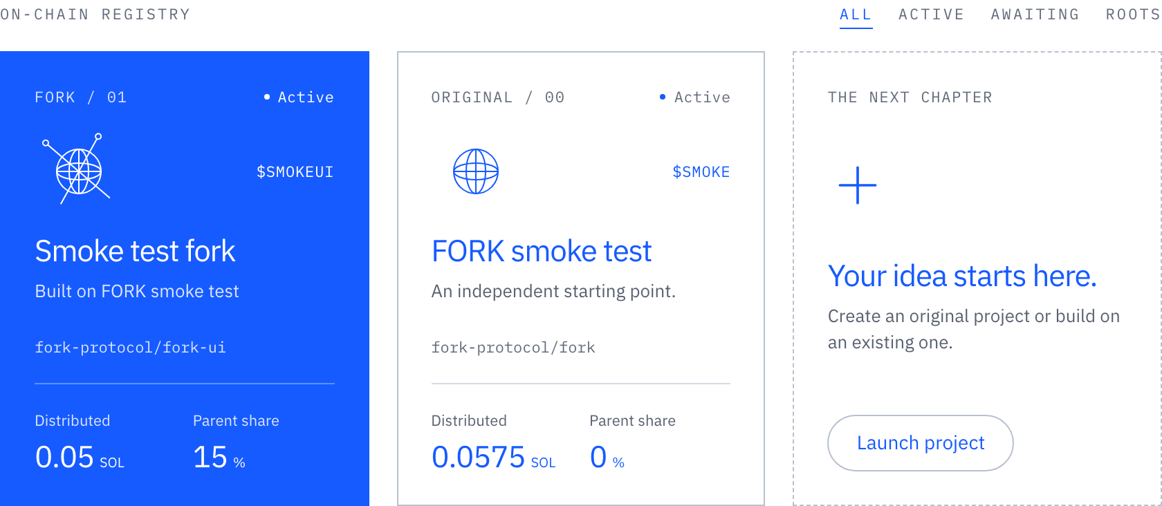 Project cards in the explorer: a root project, a fork built on it and a dashed “Your idea starts here” card.
