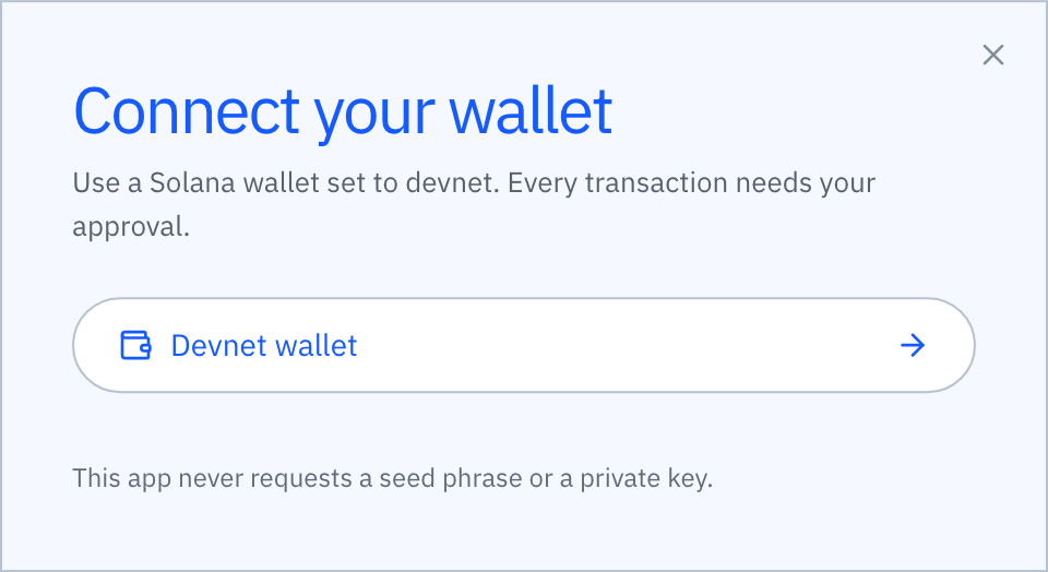 The Connect your wallet dialog listing a detected devnet wallet.